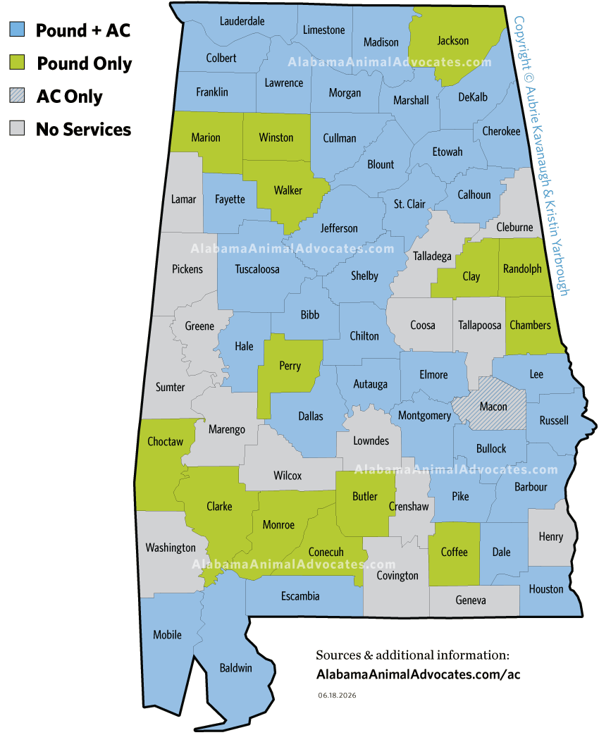 Map of Animal Control & Pounds or Shelters by County