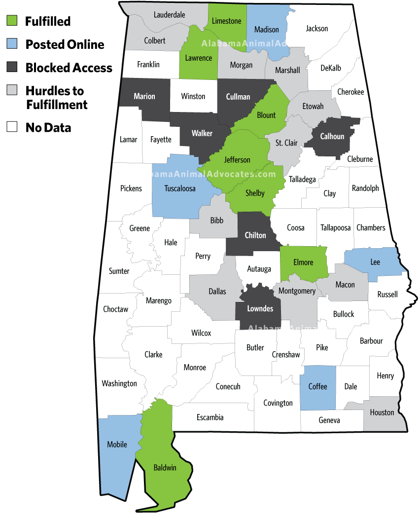 A map of access to public records from Alabama county commissions