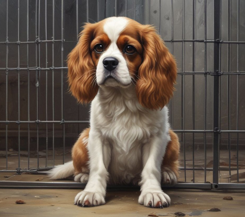 Cavelier King Charles puppy in front of a cage.
