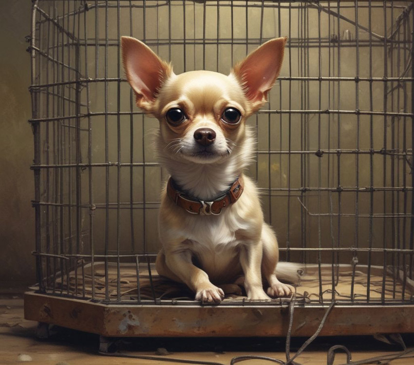 Chihuahua sitting in front of cage.