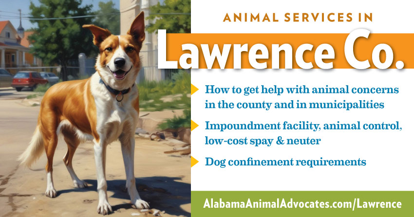 Animal services in Lawrence County, Alabama: How to get help with animal concerns, impoundment facility, animal control, low-cost spay & neuter, dog confinement requirements.