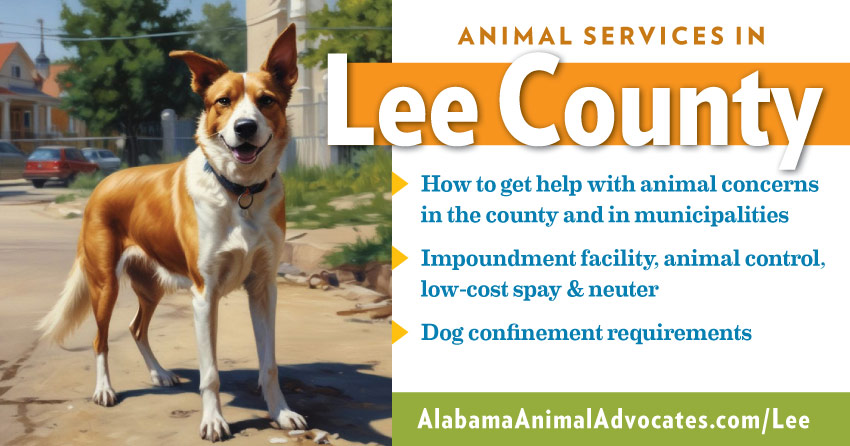Animal services in Lee County, Alabama: How to get help with animal concerns, impoundment facility, animal control, low-cost spay & neuter, dog confinement requirements.