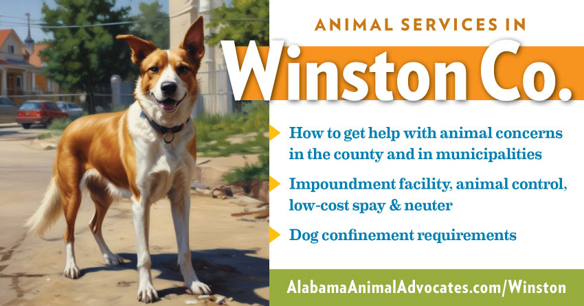 Animal services in Winston County, Alabama: How to get help with animal concerns, impoundment facility, animal control, low-cost spay & neuter, dog confinement requirements.