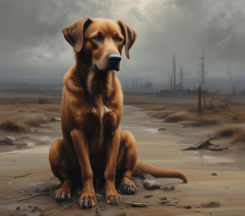 Dog alone in desolate setting.