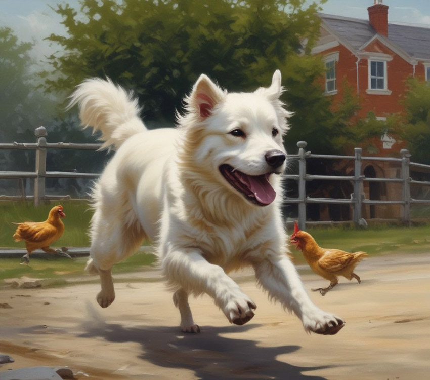 Dog running near chickens in a farm setting.