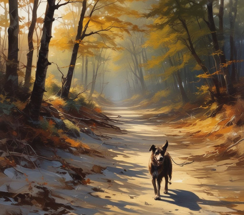 Dog walking along a path in autumn.