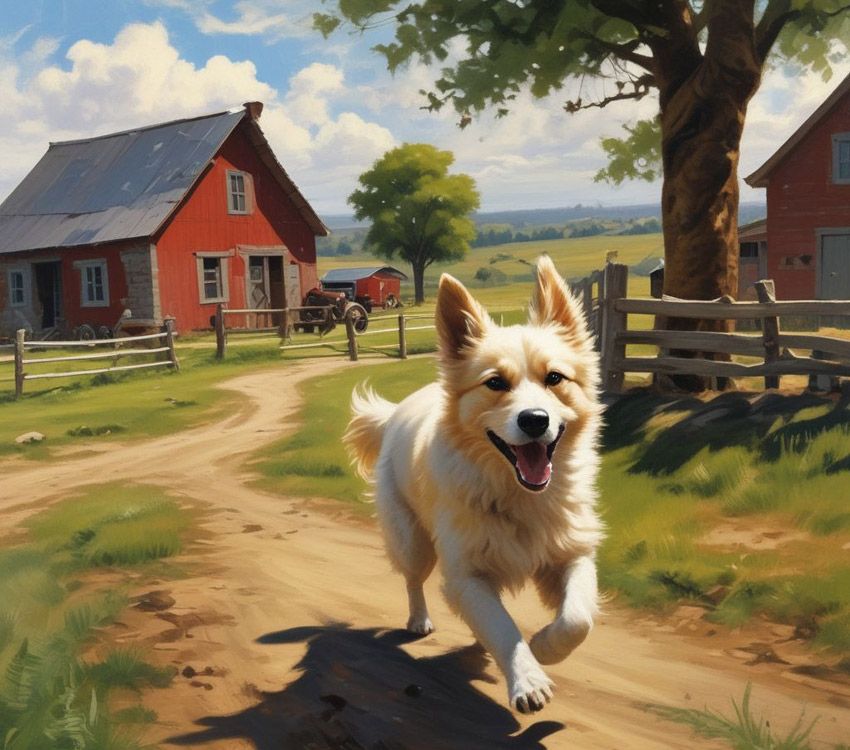 Dog running along farm fences.