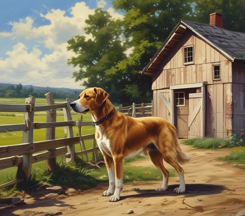 Dog standing near a fence.