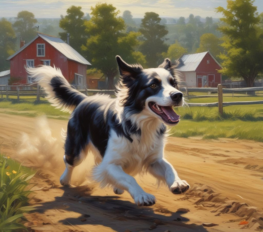 Dog running along farm fences.