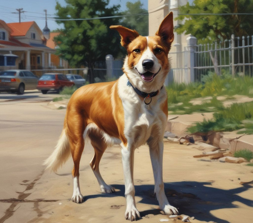 A dog wearing a collar is seen on a neighborhood street.