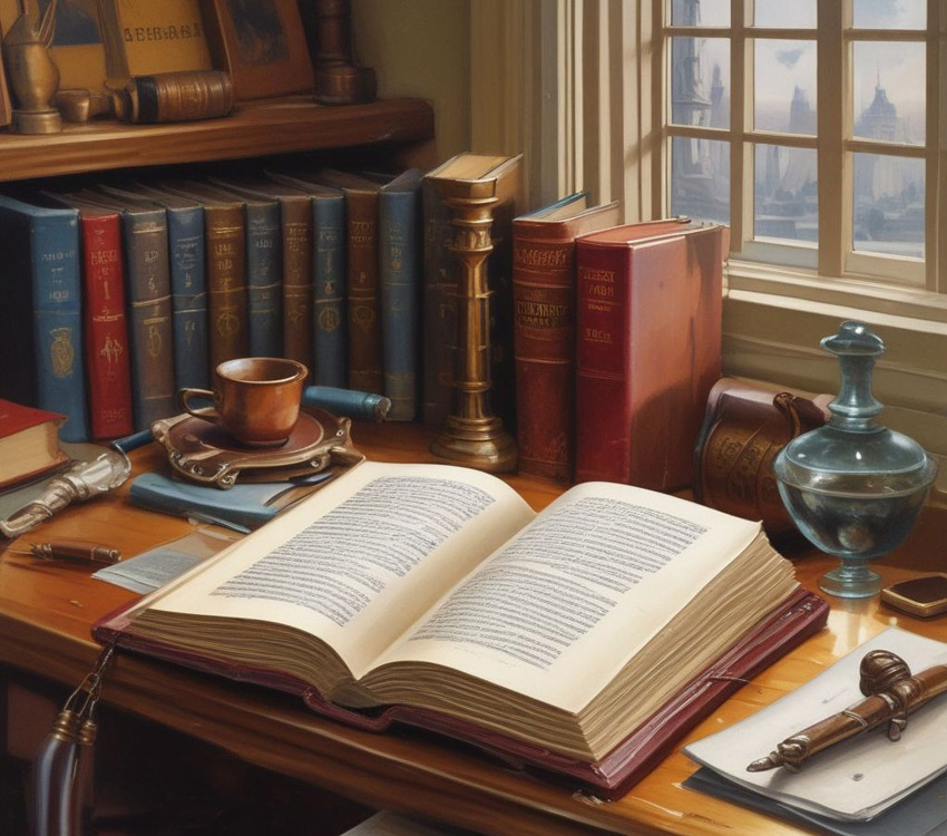 Legal book open on desk with window in background.