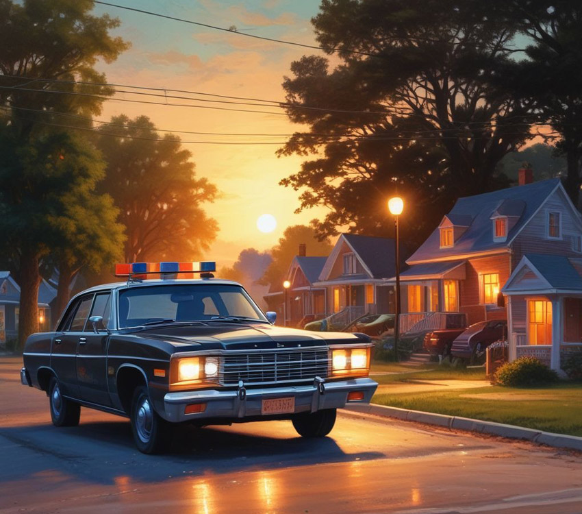 Police car with lights and siren on in neighborhood.