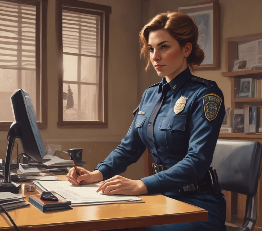 Police officer at desk.
