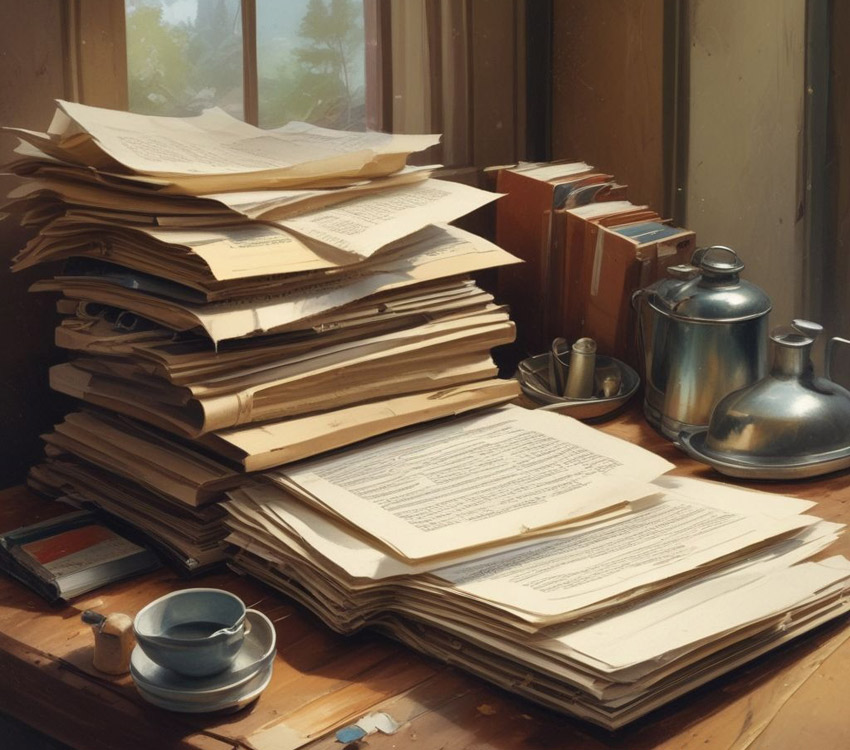 Files of documents stacked on a desk