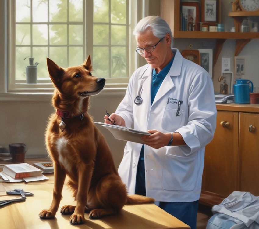 Vet examining a dog.